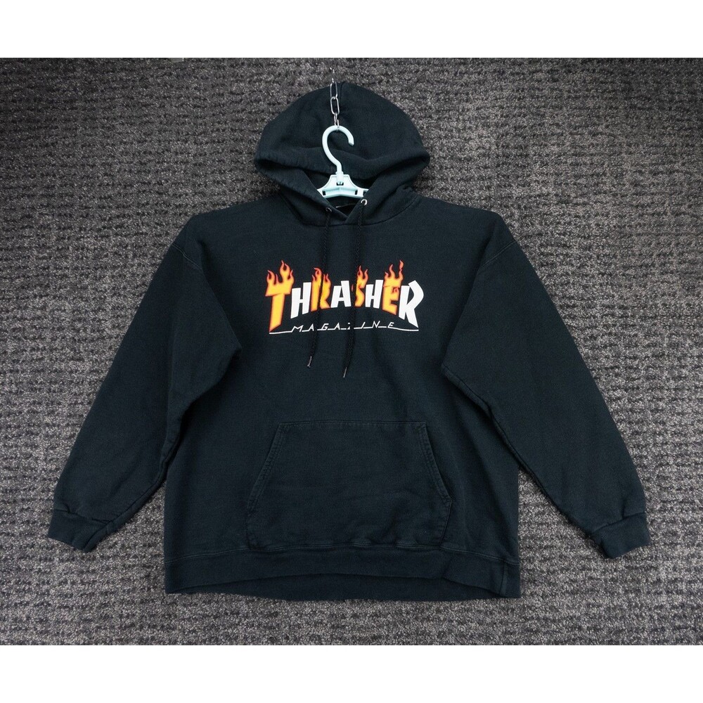 Thrasher Magazine Hoodie Mens Large Black Sweatshirt Flames Graphic Skateboard